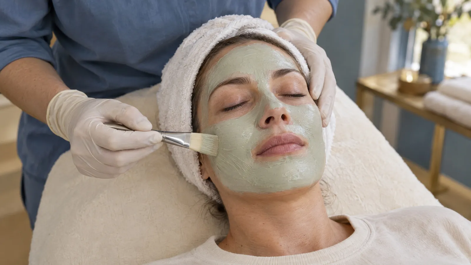 Gloved hands brush a hydrating mask onto a relaxed woman's face