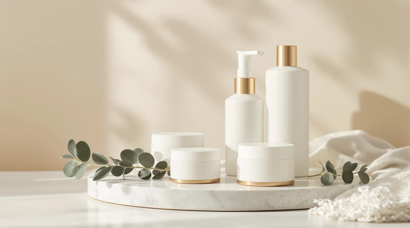 Unlabeled skincare bottles and jars on a stone tray with eucalyptus