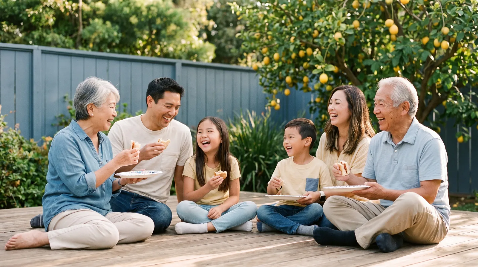 A multigenerational family shares a picnic in a sunny backyard garden
