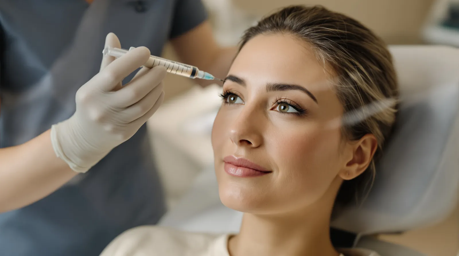 A woman in a treatment chair while a clinician holds a small syringe near her forehead