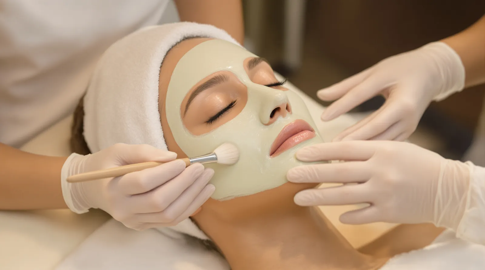 Gloved hands brush a hydrating mask onto a relaxed woman's face