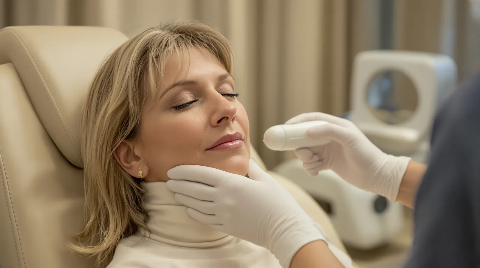 A clinician guides an ultrasound handpiece along a relaxed woman's jawline