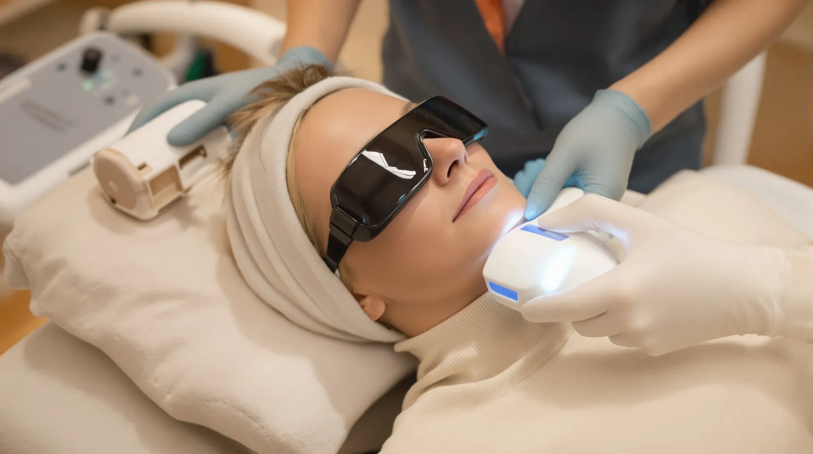 A woman wearing dark protective goggles receives a light-based facial treatment