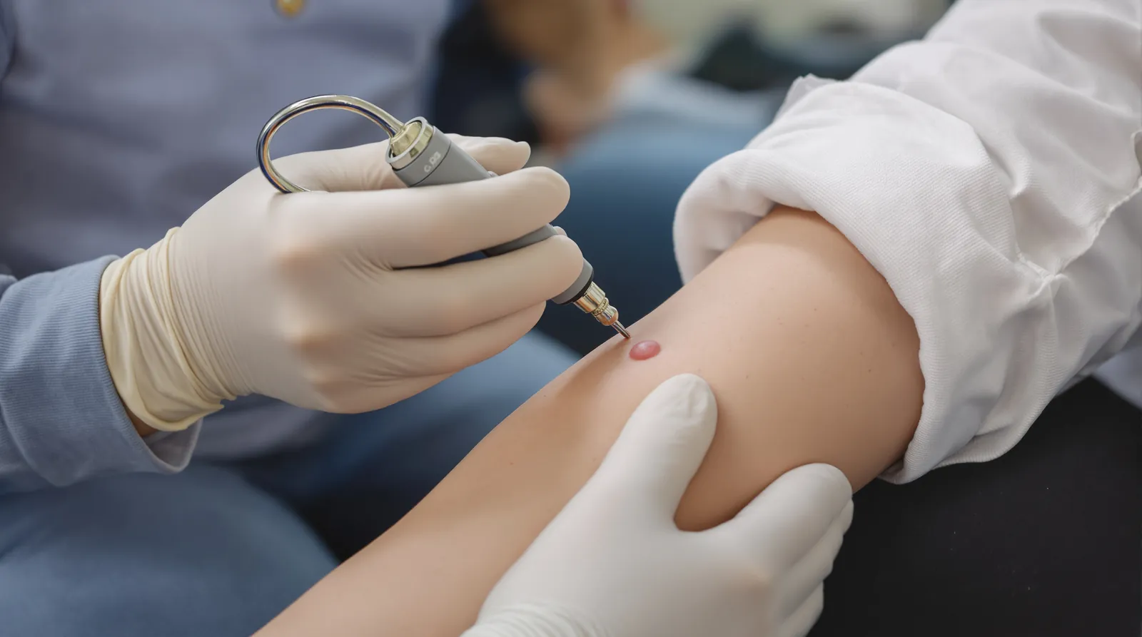 A clinician examines a small spot on a patient's forearm