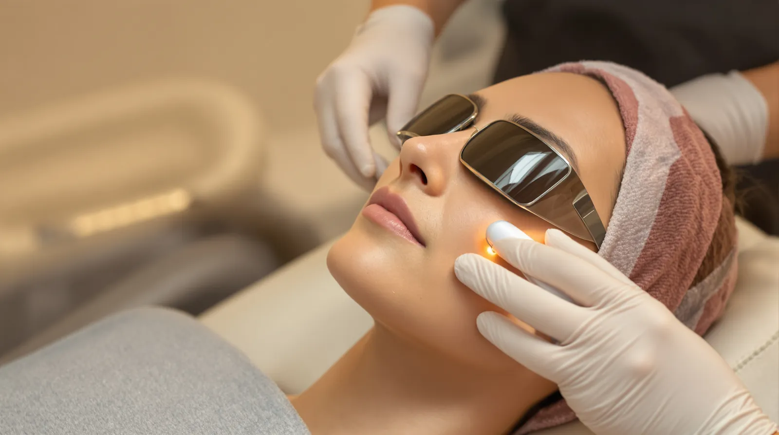 A woman wearing dark protective eyewear receives a facial laser treatment