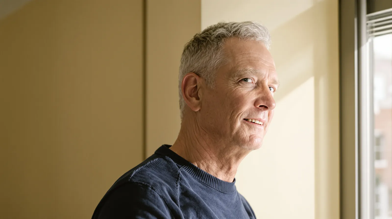 A man in his fifties with a defined jawline by a sunny window