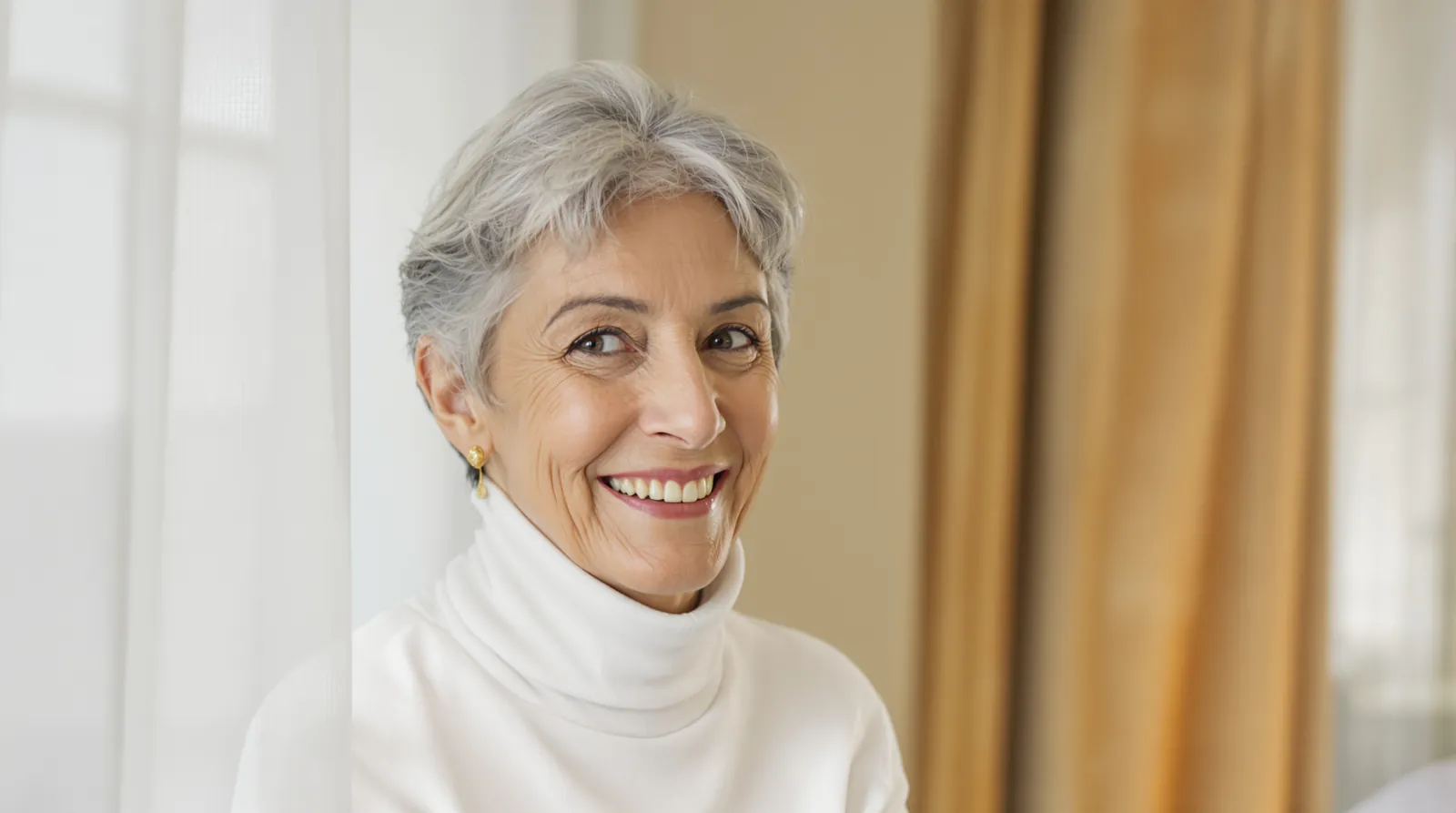 A smiling woman in a white turtleneck in soft window light