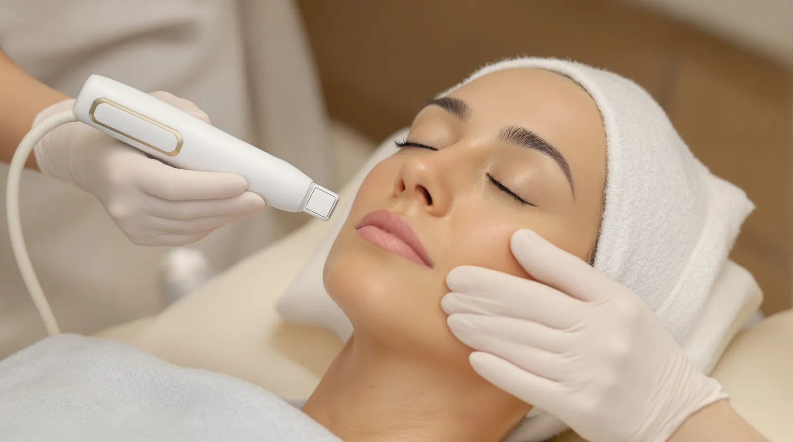 A clinician holds a slim treatment handpiece against a relaxed woman's cheek