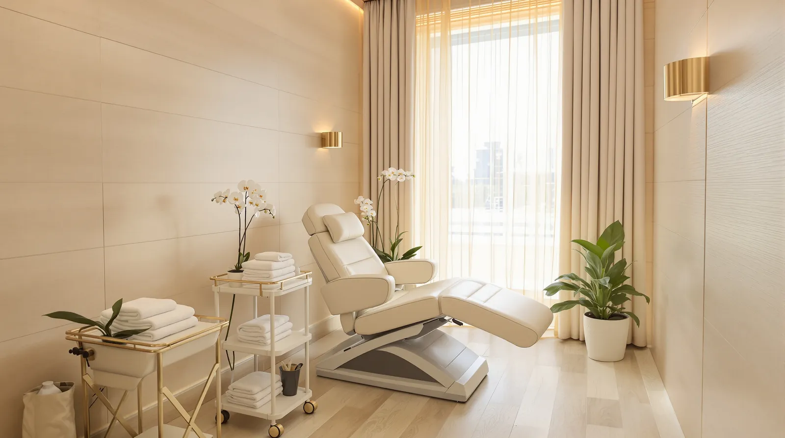 A luxurious treatment room with a cream reclining chair, towels and orchids