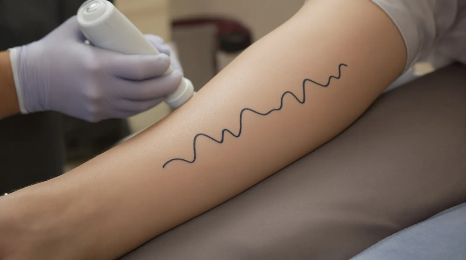 A clinician holds a laser handpiece near a faded line tattoo on a forearm