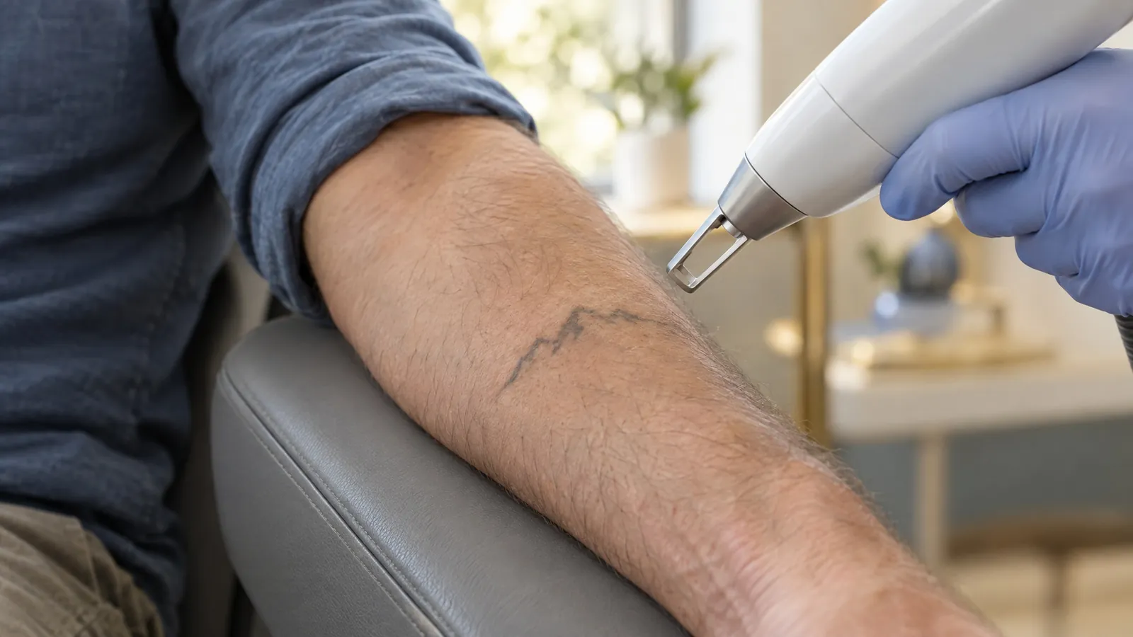 A clinician holds a laser handpiece near a faded line tattoo on a forearm