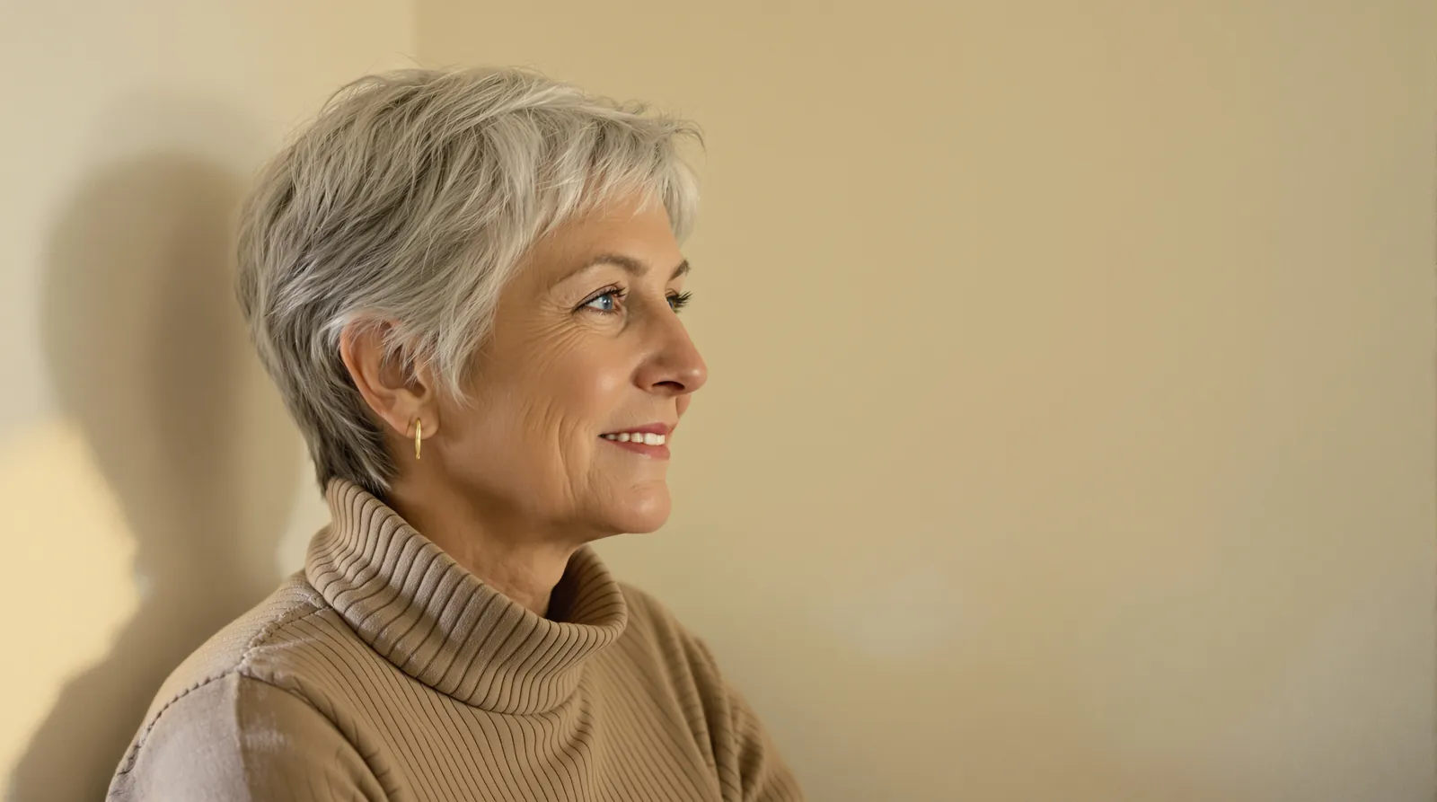 A woman in her fifties with short silver hair in side profile