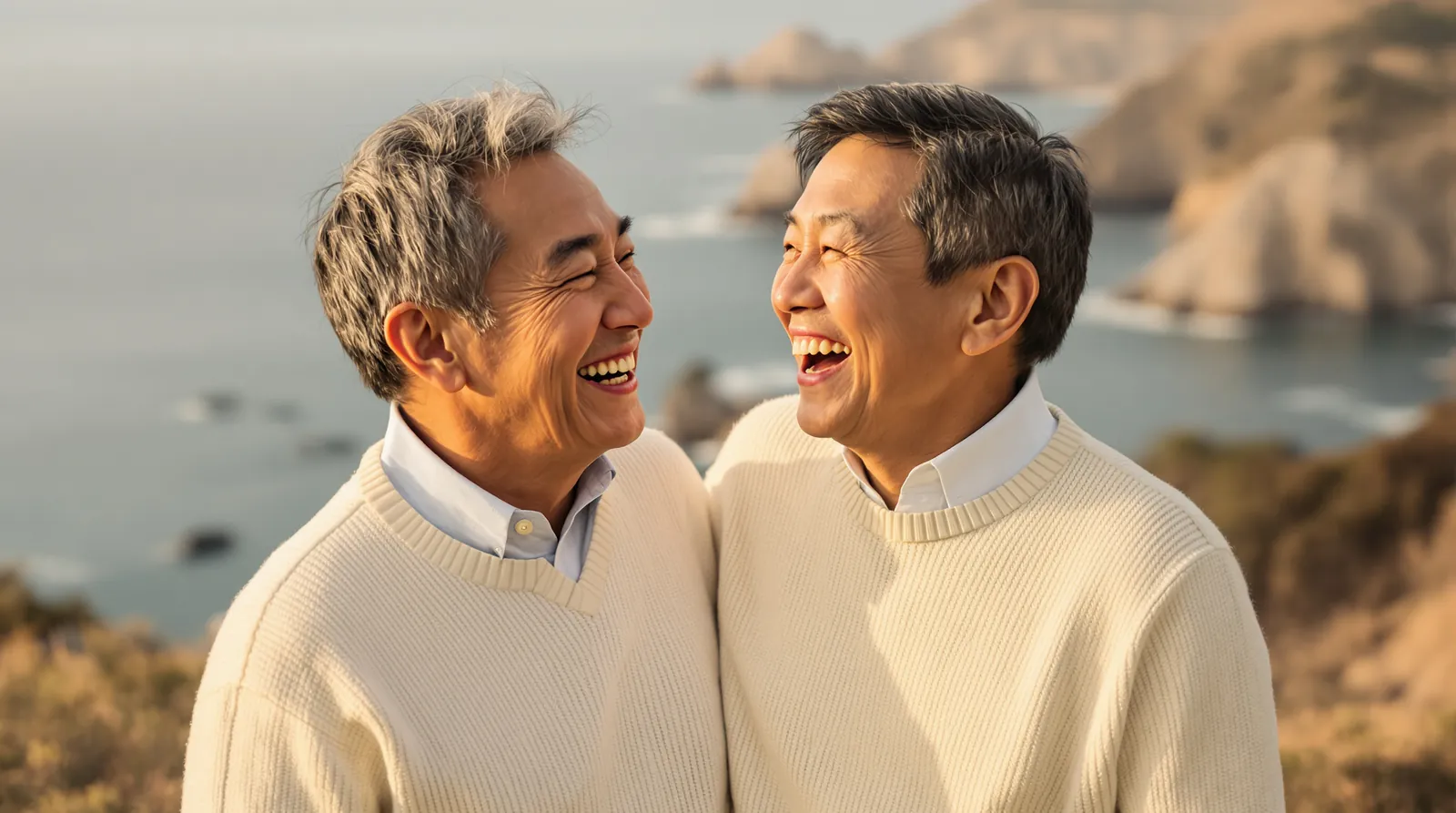 Two smiling adults in light sweaters laugh together on a coastal bluff at sunset