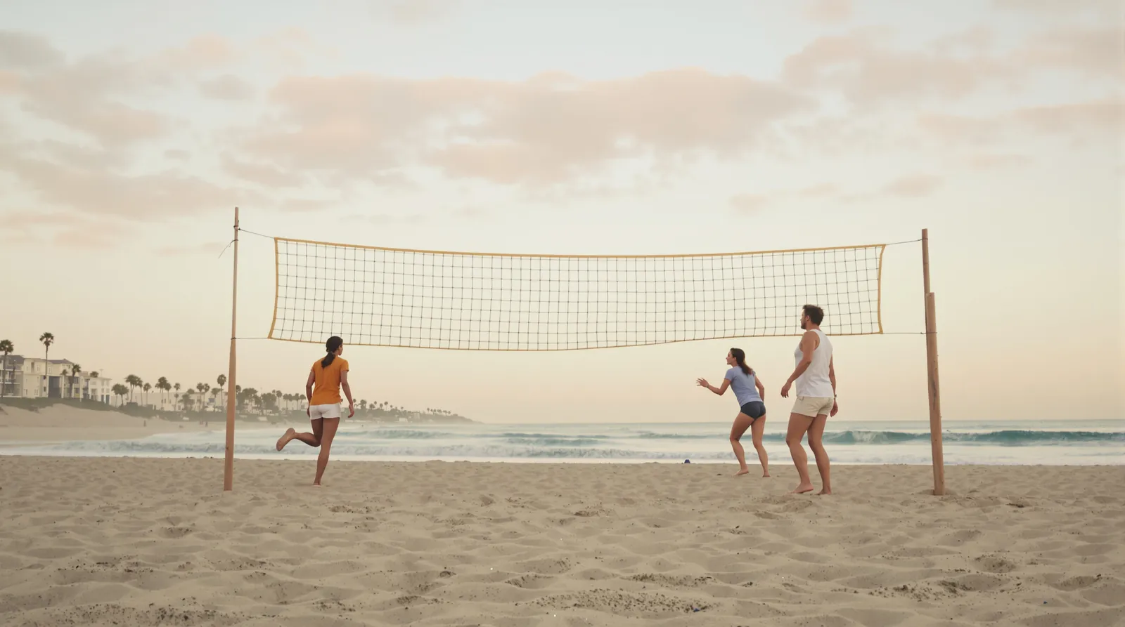 A wide sandy beach at sunset with a volleyball net