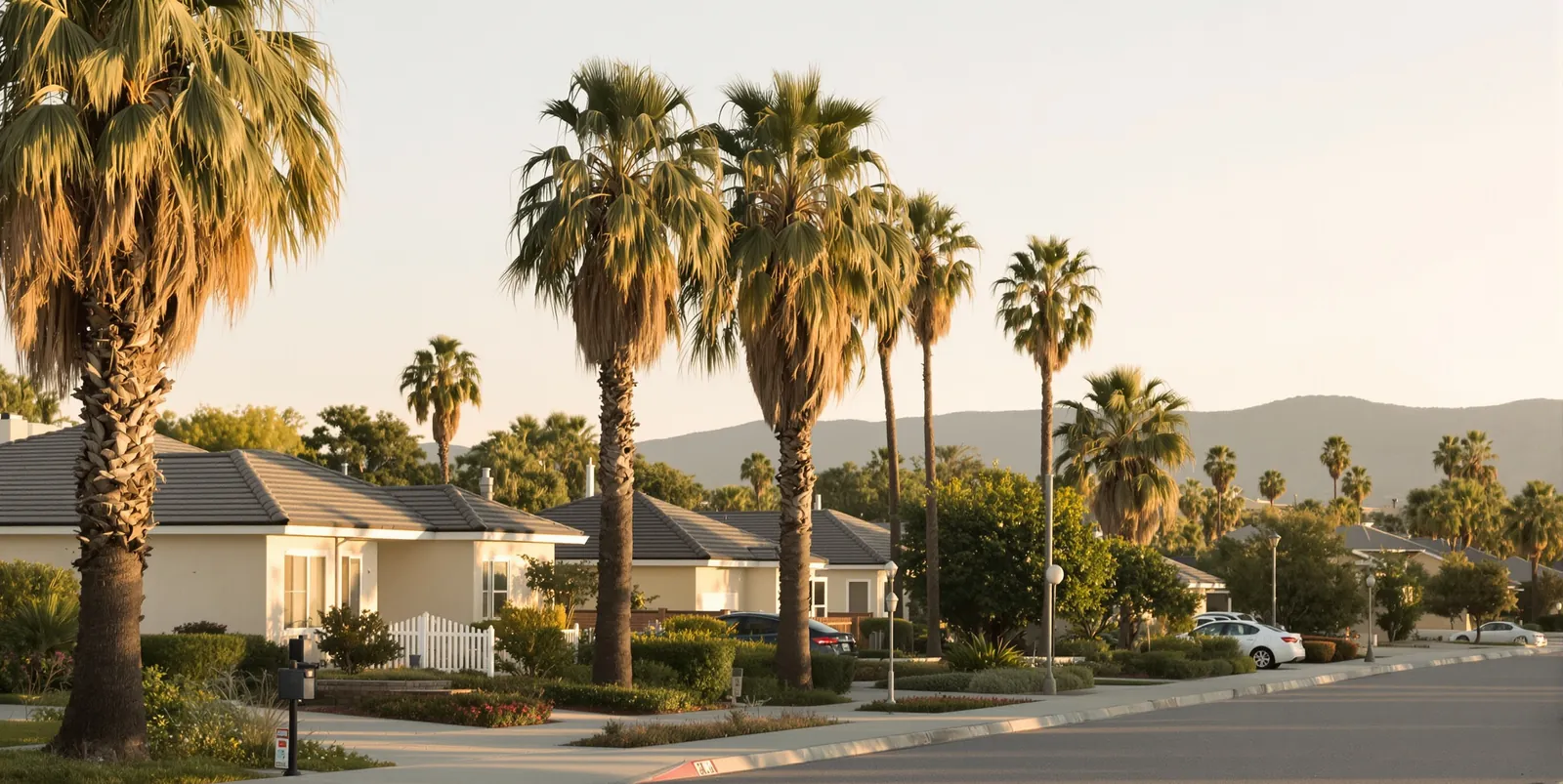 A peaceful residential street with tall palm trees and distant hills