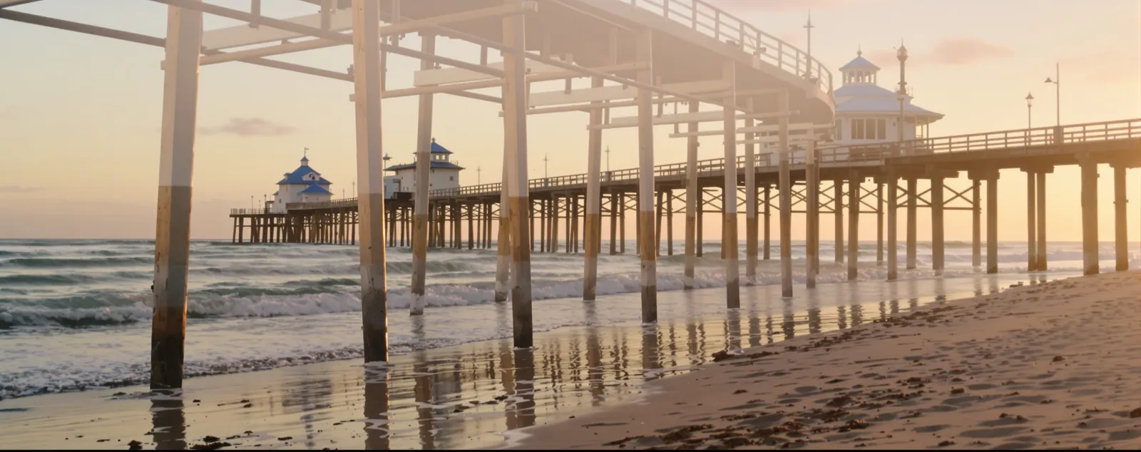 A sandy beach at golden hour with a wooden pier in the distance
