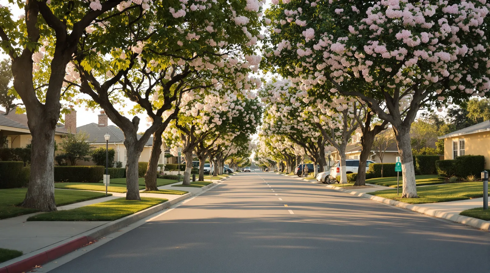A quiet tree-lined residential street with blossoming trees