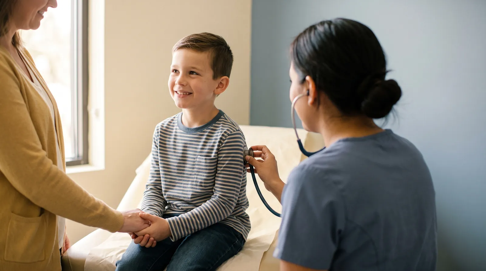 A smiling boy on an exam table holds his mother's hand while a clinician listens with a stethoscope