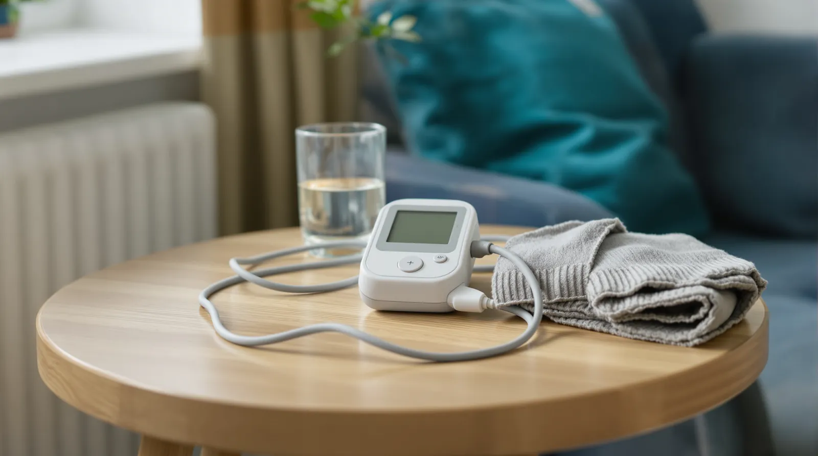A portable blood-pressure monitor and cuff on a wooden side table beside a glass of water