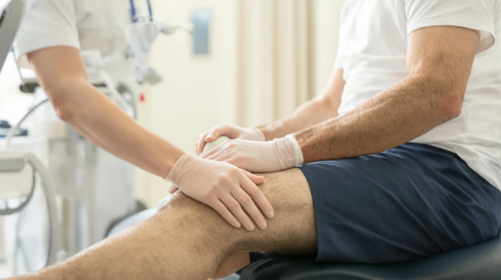 A clinician's gloved hands examine an older man's knee on a treatment table