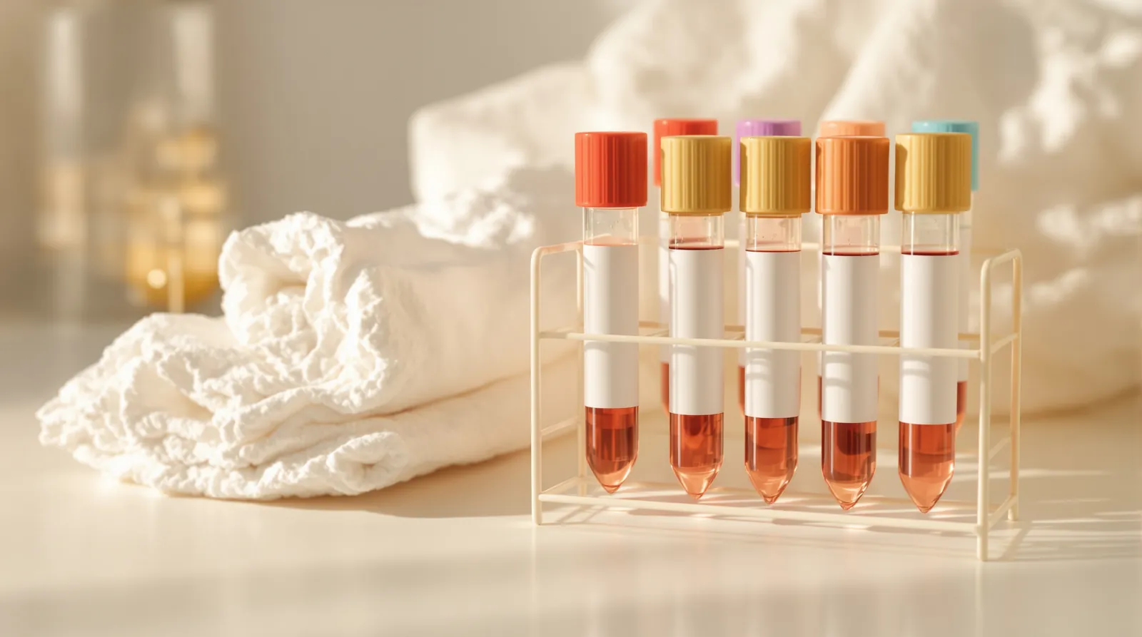A rack of blood-collection tubes with colored caps beside folded gauze