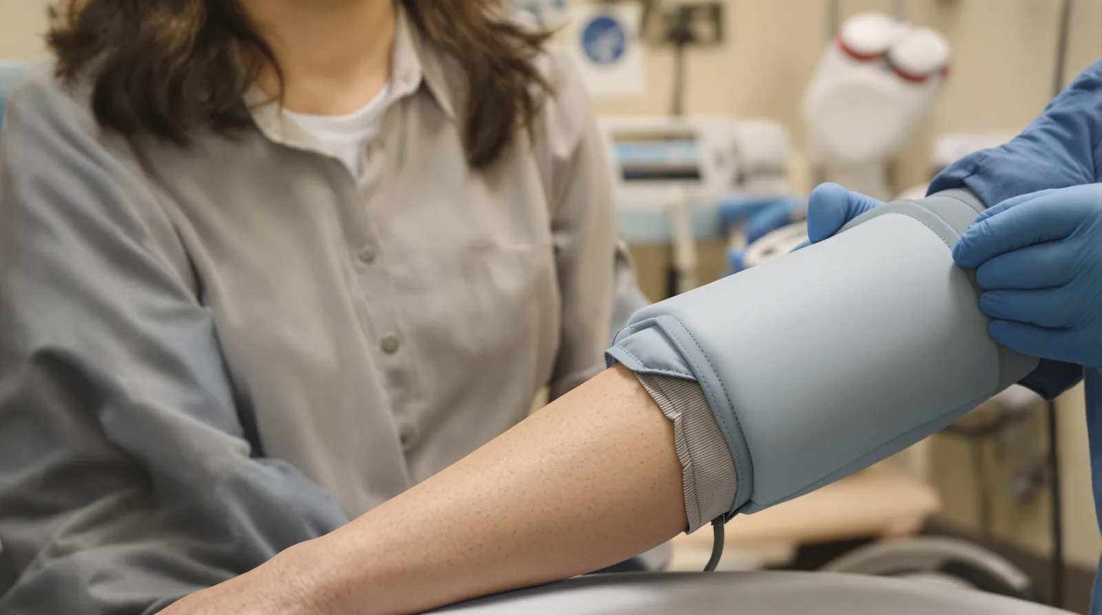 A clinician's gloved hands place a blood-pressure cuff on a seated woman's arm
