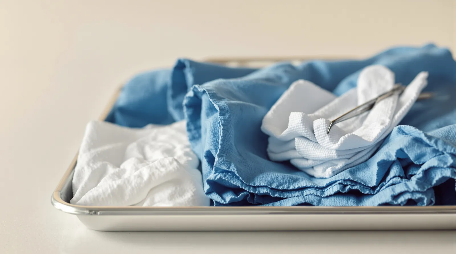 A sterile instrument tray with blue drapes, gauze and forceps