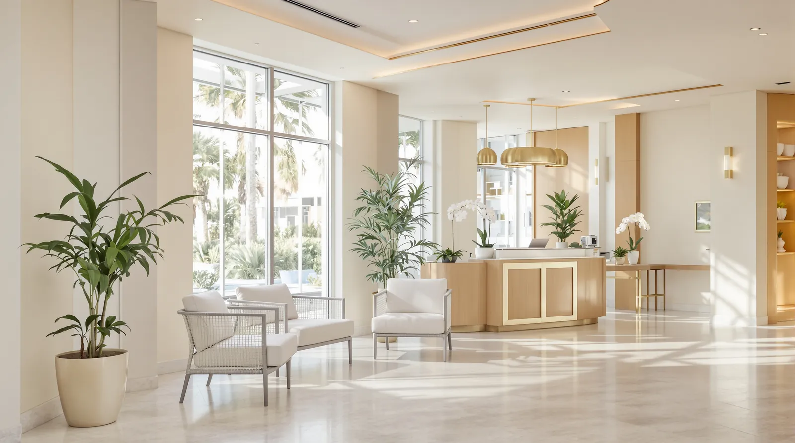 A bright reception lounge with ivory armchairs, an oak counter and orchids