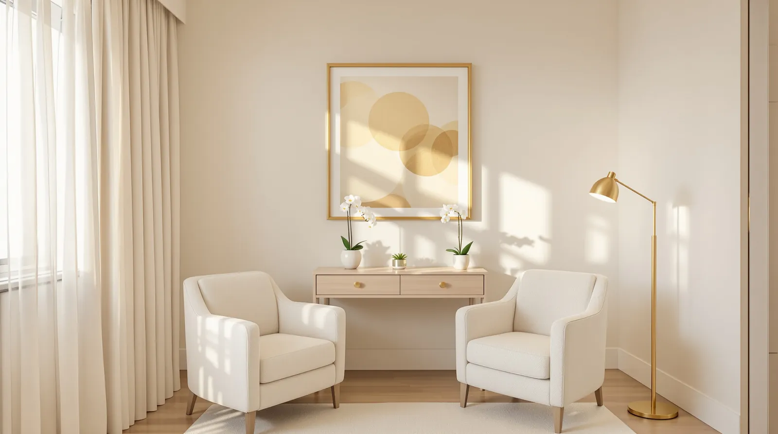 A calm consultation office with two cream armchairs, a light oak desk and white orchids