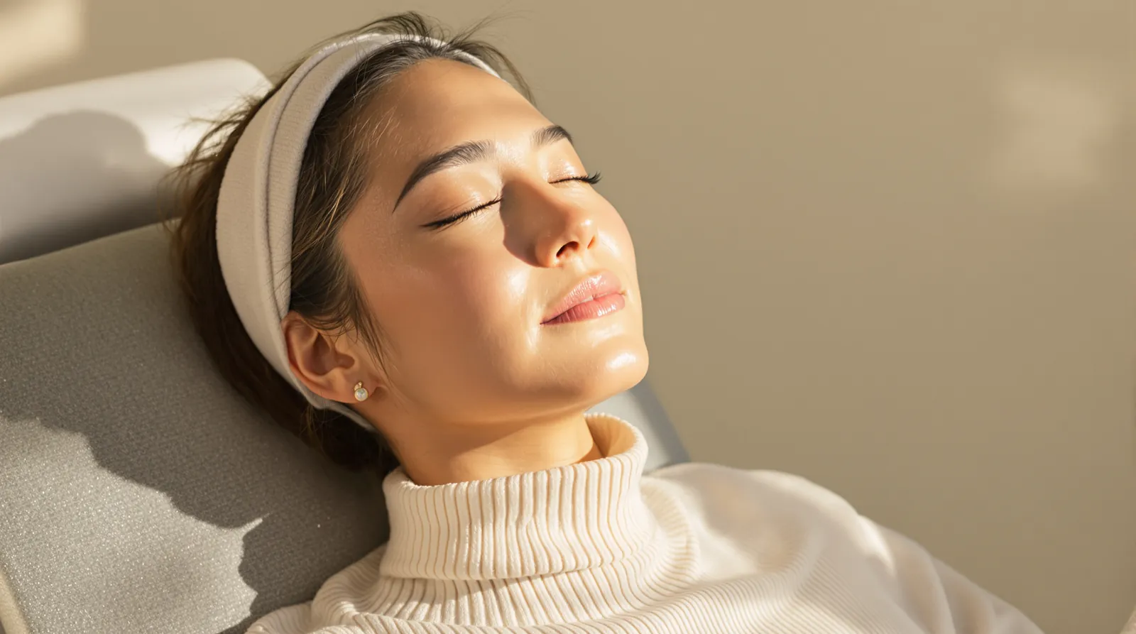 A relaxed woman with her eyes closed rests in a treatment chair in warm window light