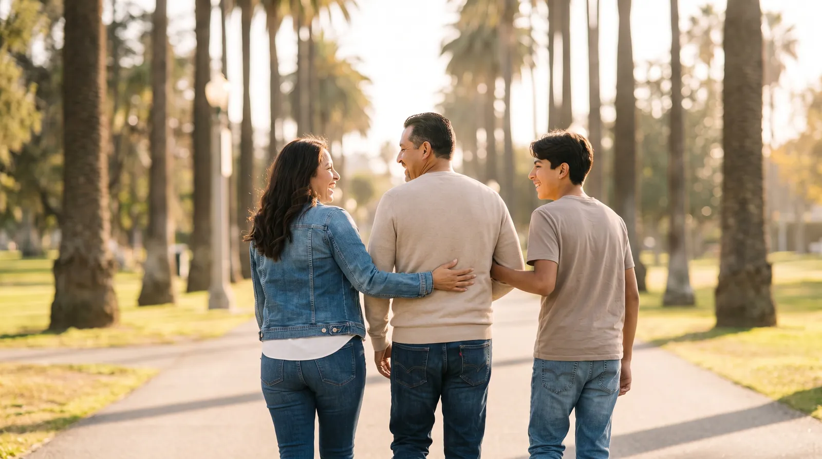 A mother, father and teenage son walk together through a sunny park with palm trees