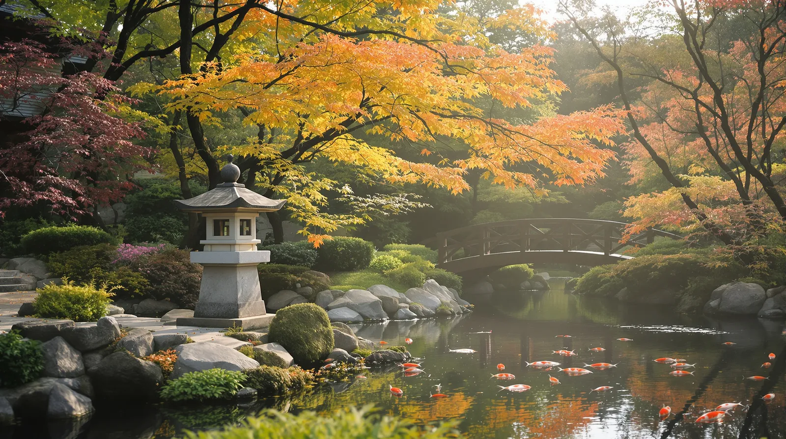 A tranquil Japanese garden with a stone lantern, koi pond and maple trees