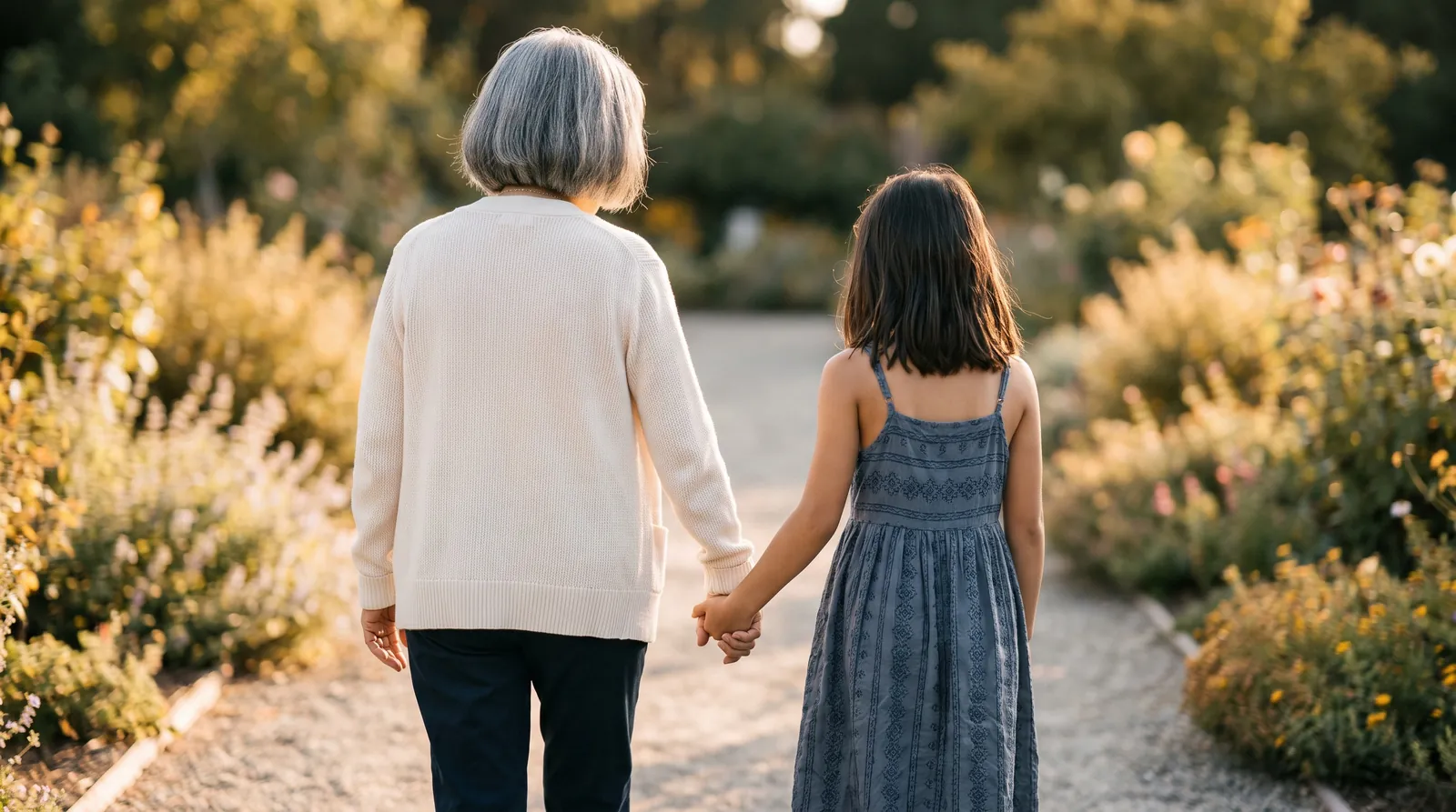 A grandmother and granddaughter walk hand in hand along a sunny garden path