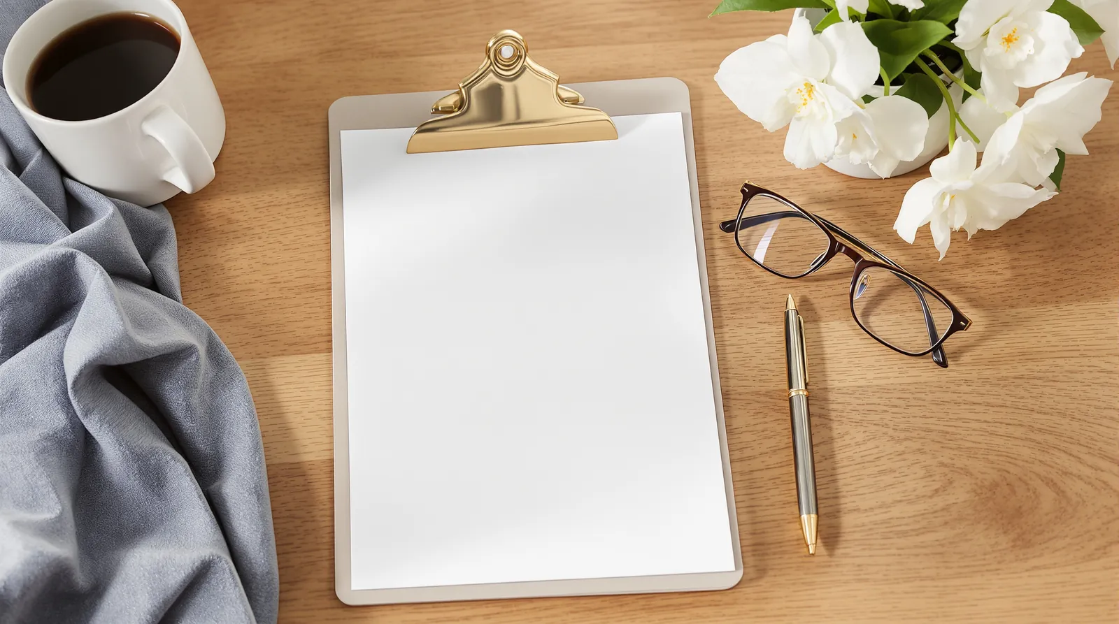 A clipboard with blank paper, a pen, reading glasses and white flowers on an oak table